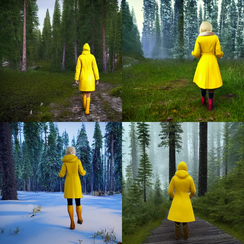 Prompt: Beautiful blonde woman dressed in yellow raincoat and yellow rubber boots walks near the forest lake Finland, Disney style, unreal engine ,