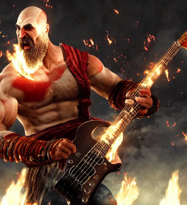 Image similar to screaming kratos shredding on a flaming stratocaster guitar, cinematic render, god of war 2 0 1 8, santa monica studio official media, lightning, stripe over eye