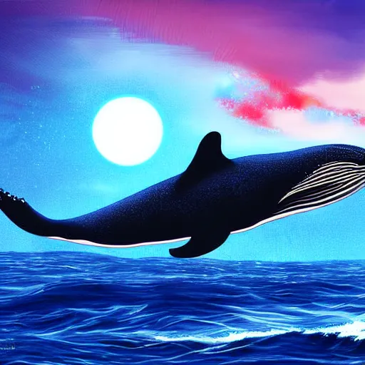 Image similar to a whale peeking above the ocean and wistfully watching a spaceship fly away, sci-fi digital art,