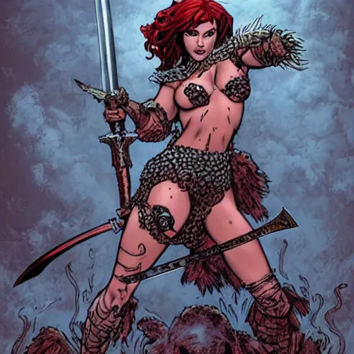 Image similar to Red Sonja wielding a huge sword, with a dead monster at her feet. J. Scott Campbell