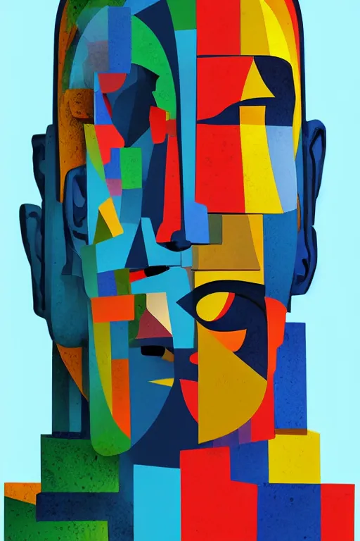 Image similar to cubist moai statue cutout digital illustration cartoon colorful beeple