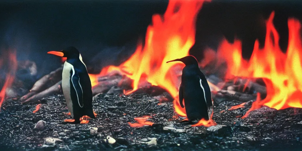 Image similar to detailed medium format photo, polaroid still from tarkovsky movie, penguin standing on burning hot coals, haze, high production value, intricate details, 8 k resolution, hyperrealistic, hdr, photorealistic, high definition, tehnicolor, award - winning photography, masterpiece, amazing colors