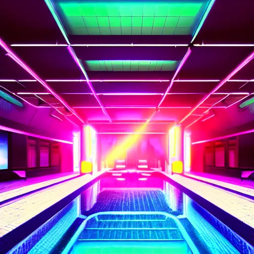 Prompt: A ray of light glimmering over a pool in a futuristic setting, cyberpunk, neon lights, pastel colours