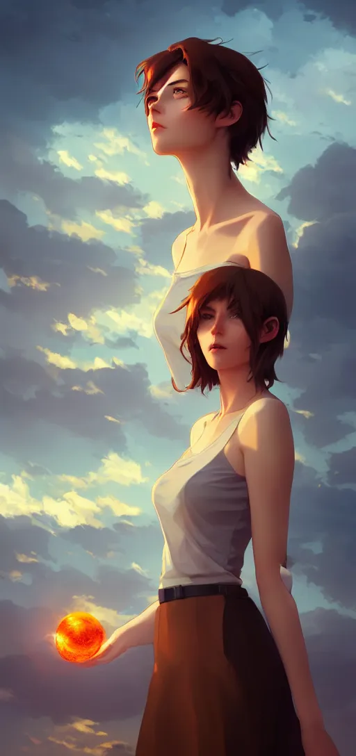 Prompt: a beautiful british woman with short brown hair, gentle, somber amber eyes, standing on a rooftop, storm in the distance, basic clothing, digital art by makoto shinkai ilya kuvshinov and wojtek fus, digital art, concept art,