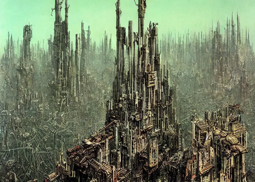 Image similar to dystopian metropolis, panoramic view, very complex architecture, ominous, dark, by bruce pennington, by philippe druillet, by dean ellis