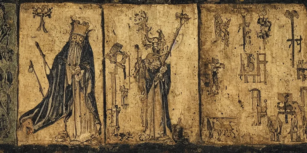 Prompt: an ancient priest is looking at the book of life and death