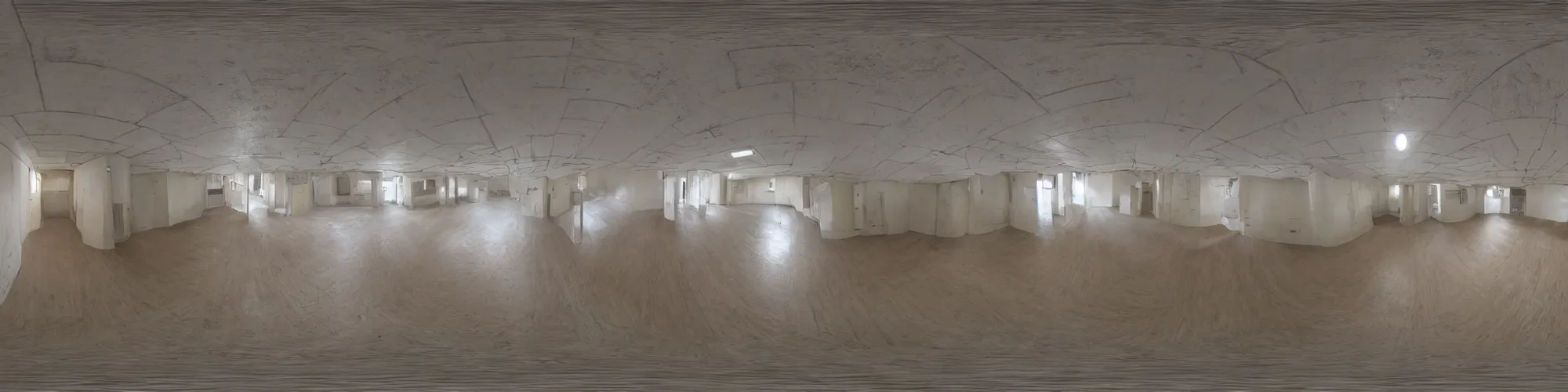 Image similar to a panoramic view of a weird floorless room