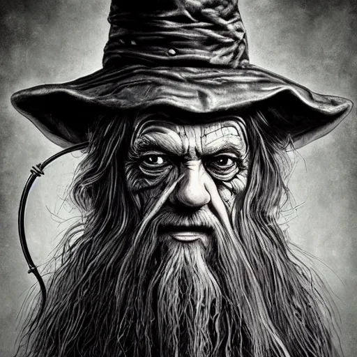 Image similar to surrealism grunge cartoon portrait sketch of Gandalf, by michael karcz, loony toons style, freddy krueger style, horror theme, detailed, elegant, intricate