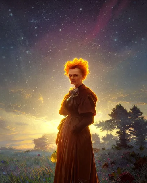 Prompt: marie curie on icerberg, evening, burning skies, 4 k, ultra realistic, beautiful eyes, epic lighting, starry sky, magical, glowing forest, mushrooms, machines, high detail, masterpiece, trending on artstation by artgerm and akihito tsukushi and alphonse mucha