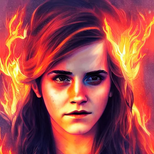 Image similar to emma watson as the goddess of hell, hot, hyper detailed, illustration, hyper realistic, blood, fire, dramatic lighting, cinematic, hell, full body portrait by steve henderson