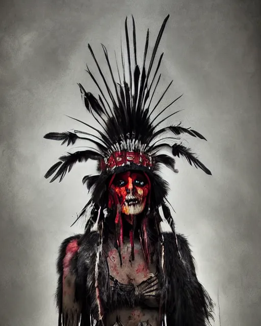 Image similar to the ghost - spirit of the grim - warpaint wears the scarlet skull armor and native blood headdress feathers, midnight fog - mist!, dark oil painting colors, realism, cinematic lighting, various refining methods, micro macro autofocus, ultra definition, award winning photo