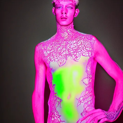 Prompt: a portrait of a beautiful young male wearing an alexander mcqueen bodysuit made of neon lace , photographed by andrew thomas huang, artistic