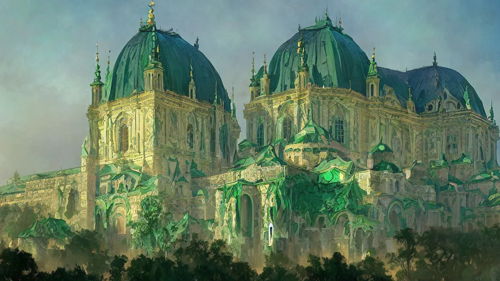 Image similar to a beautiful painting of arabian prague palace made of green, polished semiprecious malachite marble and jade at sunrise, intricate, elegant, highly detailed, digital painting, artstation, concept art, by krenz cushart and artem demura and alphonse mucha