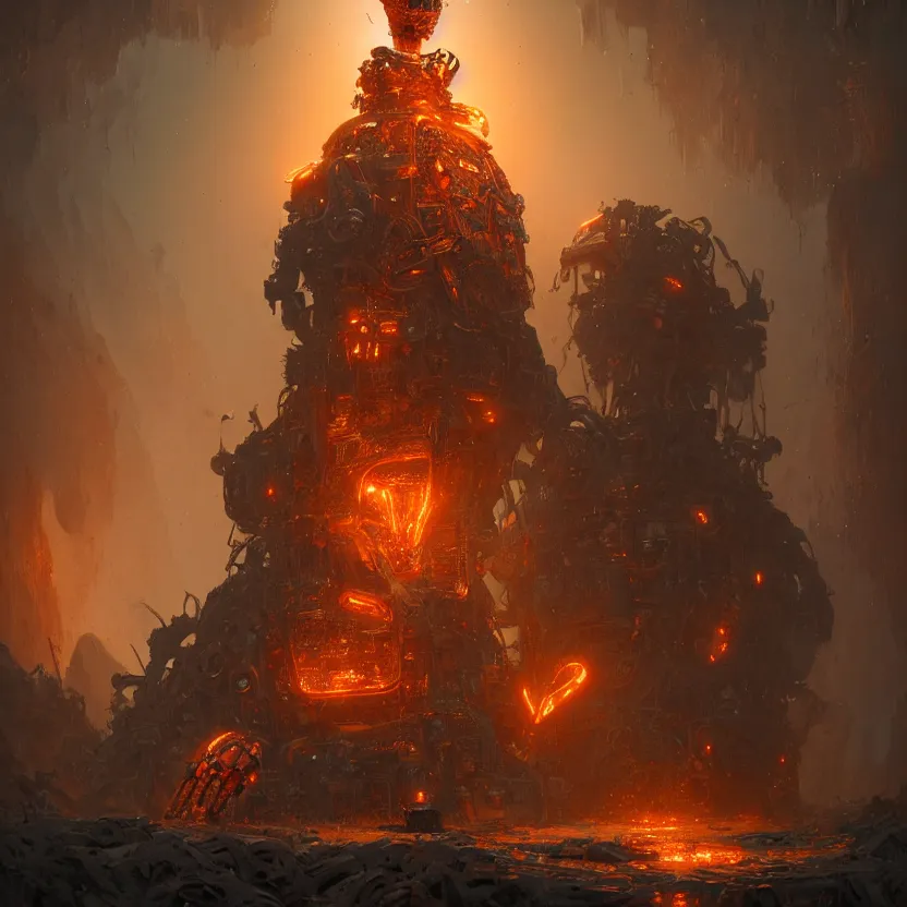 Prompt: ultra realist intricate humanoid mechanical robot volcano tiki god, art style greg rutkowski, craig mullins, mohrbacher, zaha hadid, hiraku tanaka, exuberant, elite, elegant, extravagant, cgsociety, ambient key art, octane rendering, unreal engine, weta digital, structures ray tracing