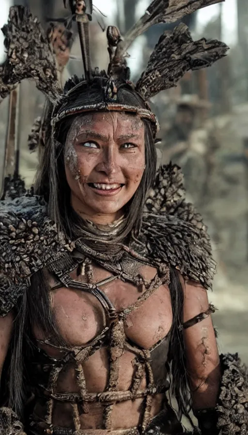 Image similar to sweated smiling ancient princess tribewoman in berserk, partially destroyed armor inspired monster hunter, low shot camera, muscular, symmetrical face, clean face, subtle make up, debris and arrows flies around her, frozen time effect,dramatic lighting, cinematic, establishing shot, extremely high detail, photorealistic, 300 the movie,monster hunter the movie, dune the movie, cinematic lighting, artstation, octane render, western,old photo, vintage