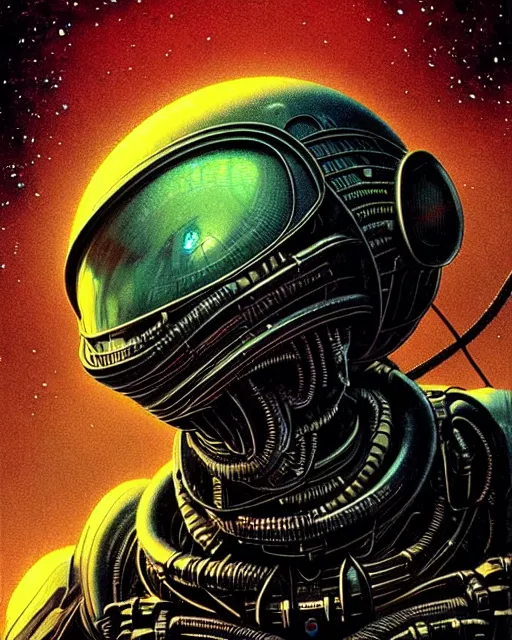 Image similar to alien, character portrait, portrait, close up, concept art, intricate details, highly detailed, vintage sci - fi poster, retro future, vintage sci - fi art, in the style of chris foss, rodger dean, moebius, michael whelan, and gustave dore