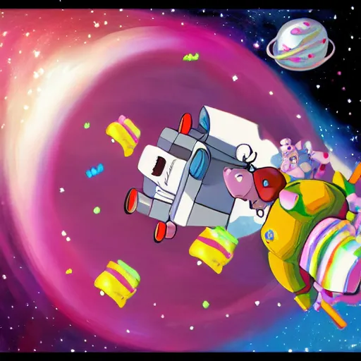 Image similar to Howl's Moving Candy Castle In Space With Flying Pigs, trending on pixiv