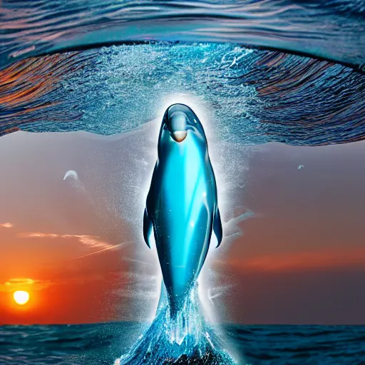 Prompt: robotic dolphin inside a wave tube in the north shore, hawaii, sunset, airbrush, chrome, hajime sorayama, 4 k