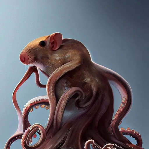 Image similar to a field mouse sitting besides an octopus, octopus in tank, mouse in box, well composed, best on artstation, cgsociety, epic, stunning, gorgeous, detailed, wow, masterpiece