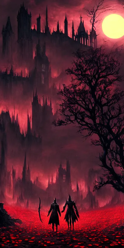 Image similar to populated bloodborne old valley with a dark person at the centre and a ruined gothic city in the background, trees and stars in the background, falling red petals, epic red - orange moonlight, perfect lightning, wallpaper illustration by niko delort and kentaro miura, 4 k, ultra realistic