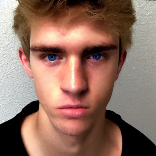 Prompt: an close - up photo of an american 2 0 yo man wearing a white shirt and black tracksuit, blonde hair, blue eyes, small blond goatee, biggish nose