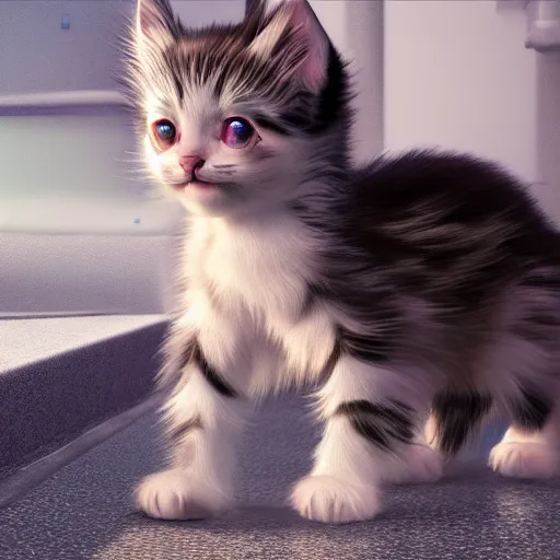 Image similar to iridescent kittens cyperpunk 2 0 7 7, unreal engine 5, 8 k ultra realistic, hyperdetailed, volumetric lighting, extremely high quality