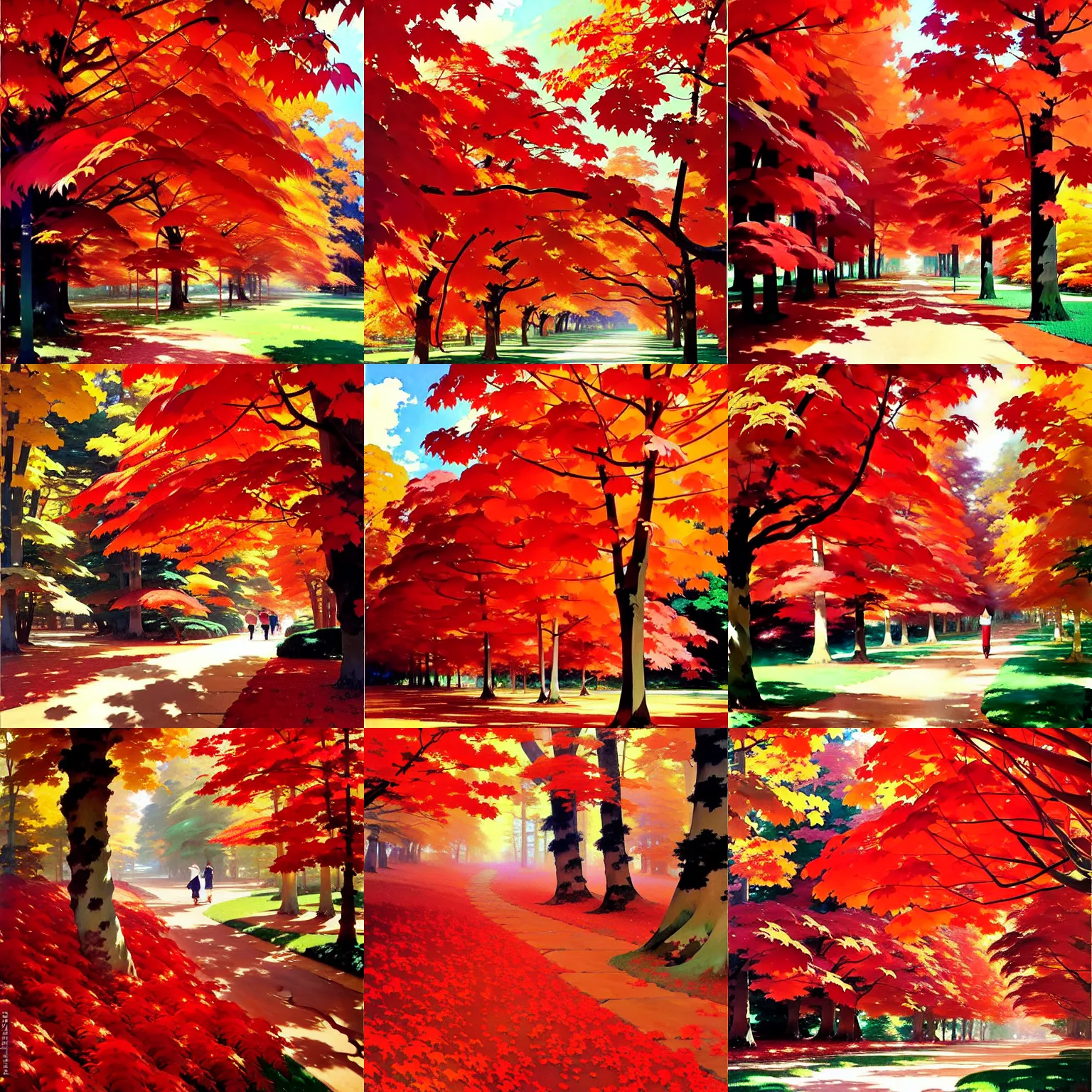 Prompt: a forest of red maples, by studio ghibli painting, by joaquin sorolla rhads leyendecker, an aesthetically pleasing, dynamic, energetic, lively, overlaid with aizome patterns, by ohara koson and thomas kinkade, traditional japanese colors, superior quality, masterpiece