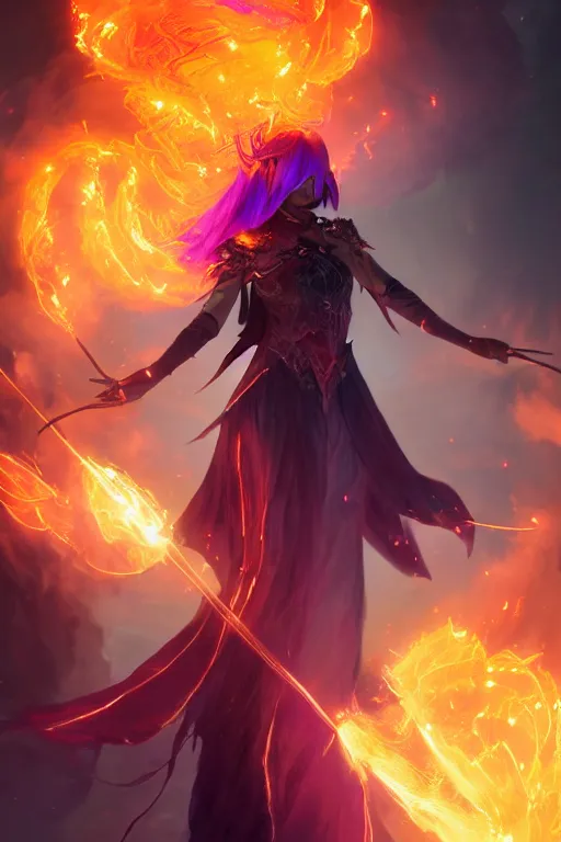 Image similar to a beautiful dark magician girl with a large witches hat covered in colourfull flames by Greg Rutkowski, Sung Choi, Mitchell Mohrhauser, Maciej Kuciara, Johnson Ting, Maxim Verehin, Peter Konig, final fantasy , mythical, 8k photorealistic, cinematic lighting, HD, high details, atmospheric,