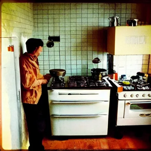 Image similar to “perch-man plays the pots in the kitchen, detailed, retro Lomo”