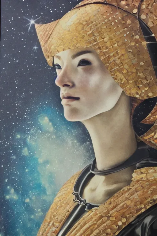 Image similar to hyperrealism oil painting, close-up portrait of medieval fashion model, knight, steel gradient mixed with nebula sky, in style of baroque mixed with 70s japan book art