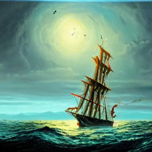 Image similar to a sailing ship off the shore of a beautiful coast with a distant ominous biopunk tower filled with evil technology glowing in the distance, painting by John Berkley