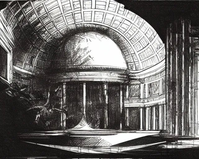 Prompt: architectural sketch contest winner. bright red dome containing a bright tropical garden. hugh ferriss, john singer sargent, piranesi