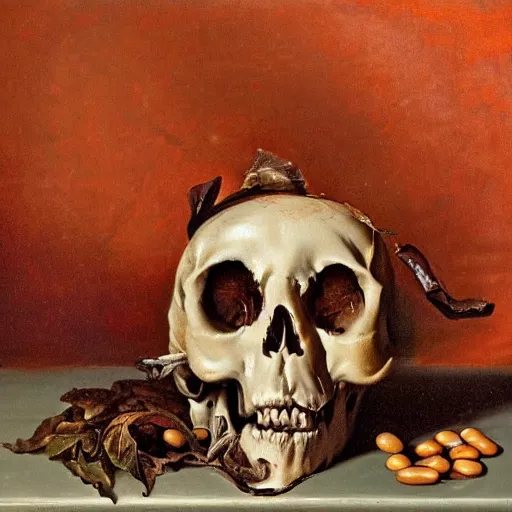 Image similar to Baroque still life painting of a skull overflowing with baked beans