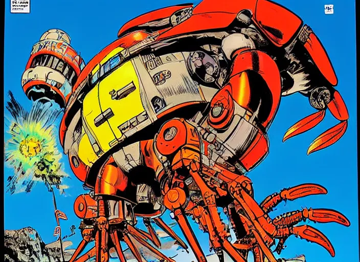 Prompt: comic book cover of a giant mechanical crab at the grand canyon by jack kirby!!! and simon bisley, epic, awesome bright color palette, hard contrast, black ink outlines