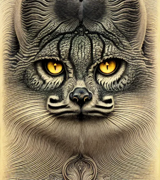 Image similar to detailed realistic beautiful manul portrait by jean delville, gustave dore, iris van herpen and marco mazzoni, art forms of nature by ernst haeckel, art nouveau, symbolist, visionary, gothic, neo - gothic, pre - raphaelite, fractal lace, intricate alien botanicals, ai biodiversity, surreality, hyperdetailed ultrasharp octane render