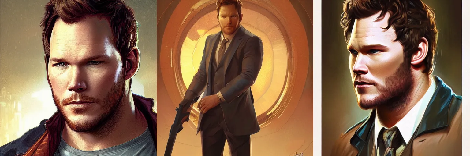 Prompt: portrait of Chris Pratt as a detective, highly detailed, digital painting, artstation, concept art, sharp focus, illustration, art by artgerm and greg rutkowski and alphonse mucha