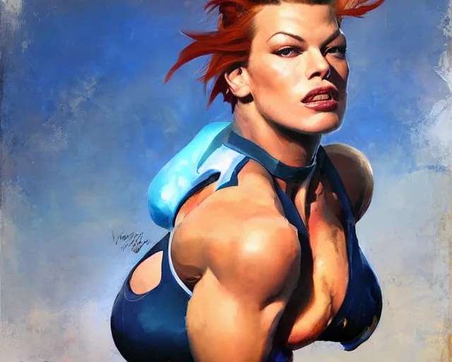 Prompt: greg manchess portrait painting of milla jovovich as beautiful thick female bodybuilder zarya from overwatch, medium shot, asymmetrical, profile picture, organic painting, sunny day, matte painting, bold shapes, hard edges, street art, trending on artstation, by huang guangjian and gil elvgren and sachin teng