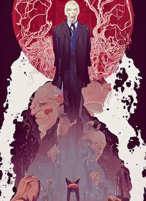 Image similar to poster artwork by Michael Whelan and Tomer Hanuka, Karol Bak of the Mads Mikkelsen, from scene from Twin Peaks, clean