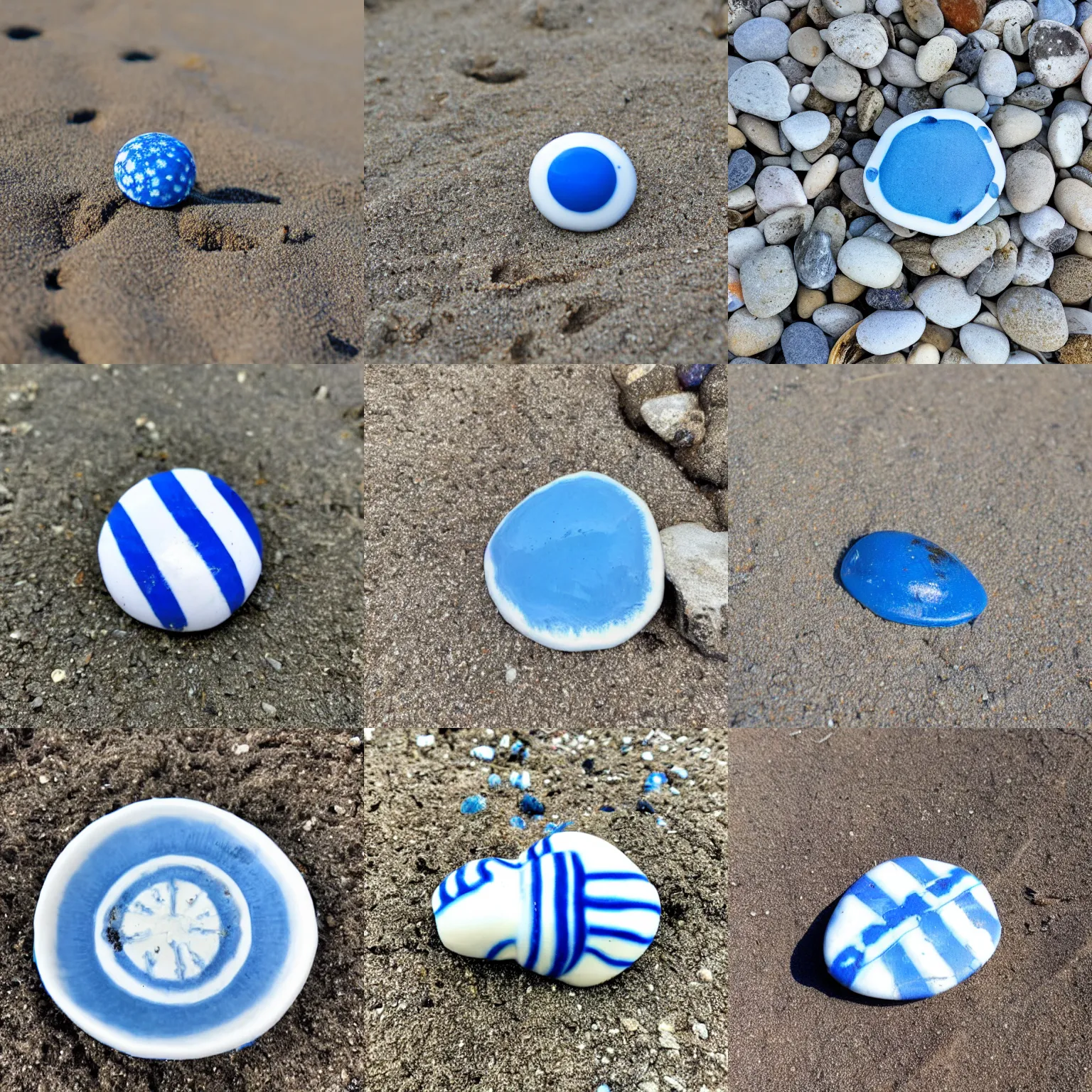 Prompt: blue and white collarstone found on a porcelain beach full of beavercrones