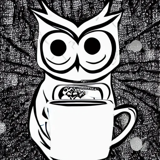 Prompt: black and white comic of a line drawn humanoid owl holding a mug