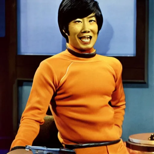 Image similar to an asian guys in a 1970 bastman costume tv show