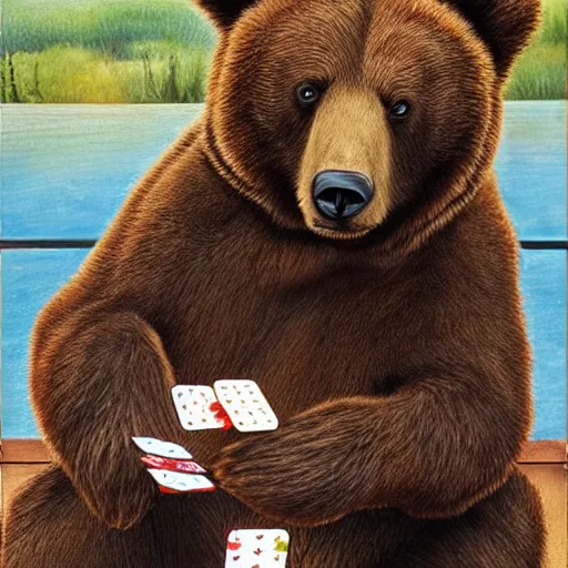 Prompt: brown bears playing a card's game, hyperrealism