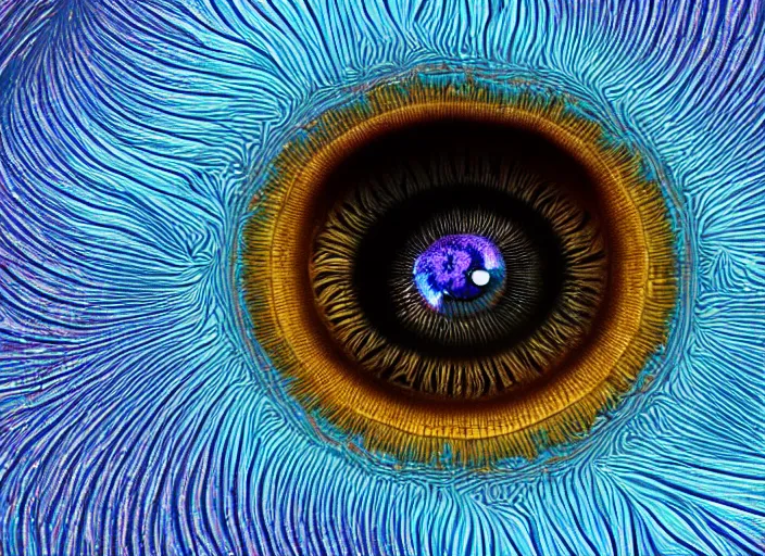 Image similar to macro photo of a eye with big blue and colorful fractal iris , detailed, photorealistic , macro photography