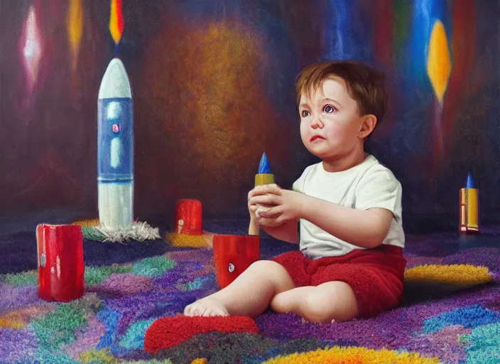 Prompt: toddler elon musk sitting on a shaggy rug playing with his big rockets, holding a rocket, bedroom, realistic painting, beautiful lighting, istvan sandorfi