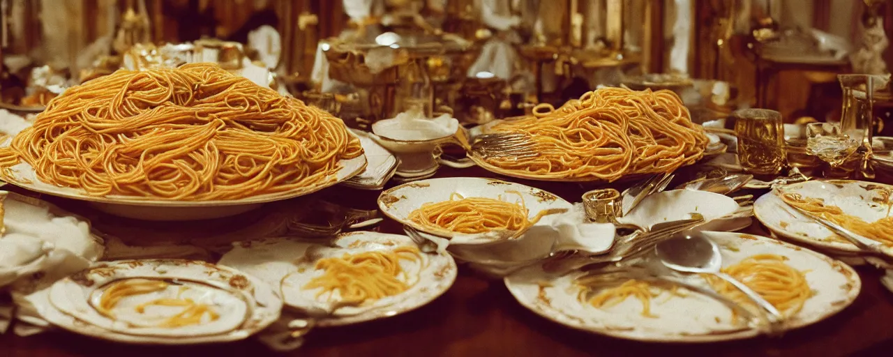 Prompt: a large bowl of spaghetti, beautifully plated on a full buffet table, small details, intricate, sharply focused, canon 5 0 mm, wes anderson film, kodachrome