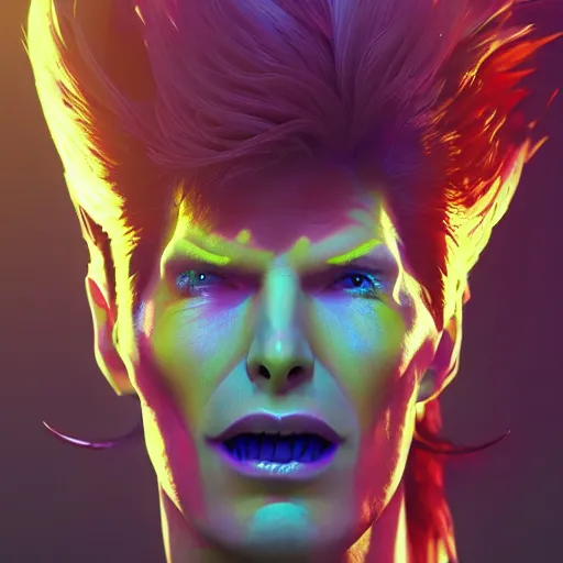 Image similar to Portrait of Ziggy Stardust as a crazy demon, mattepainting concept Blizzard pixar maya engine on stylized background splash comics global illumination lighting artstation lois van baarle, ilya kuvshinov, rossdraws