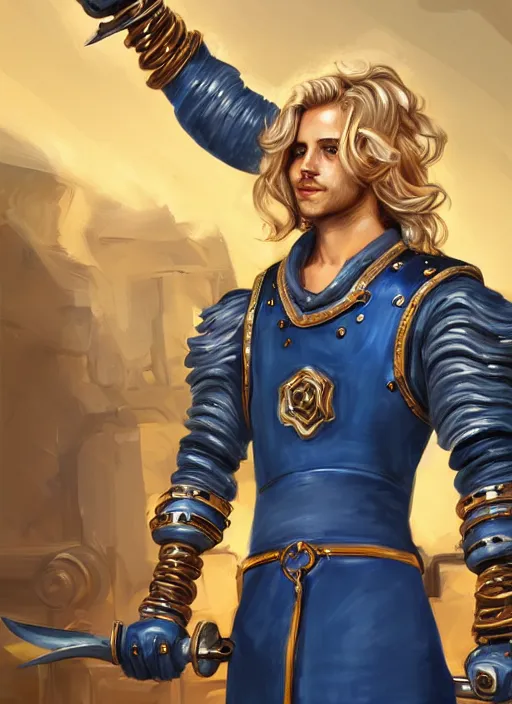 Image similar to a highly detailed illustration of long wavy bright blonde haired effeminate boy wearing blue blacksmith apron and iron cybermechanical arms, blue eyes, dramatic smiling pose, intricate, elegant, highly detailed, centered, digital painting, artstation, concept art, smooth, sharp focus, league of legends concept art, wlop