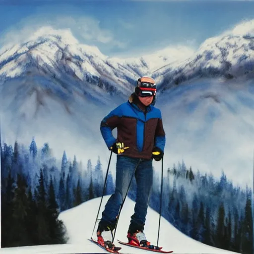 Image similar to Richard Bruce Cheney, skiing, Richard Bruce Cheney wearing acid-washed blue jeans, powder day, epic mountain background, painting