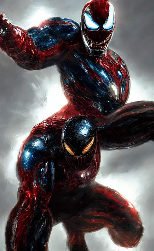 Image similar to venom as ironman, dynamic lighting, photorealistic fantasy concept art, trending on art station, stunning visuals, terrifying, creative, cinematic