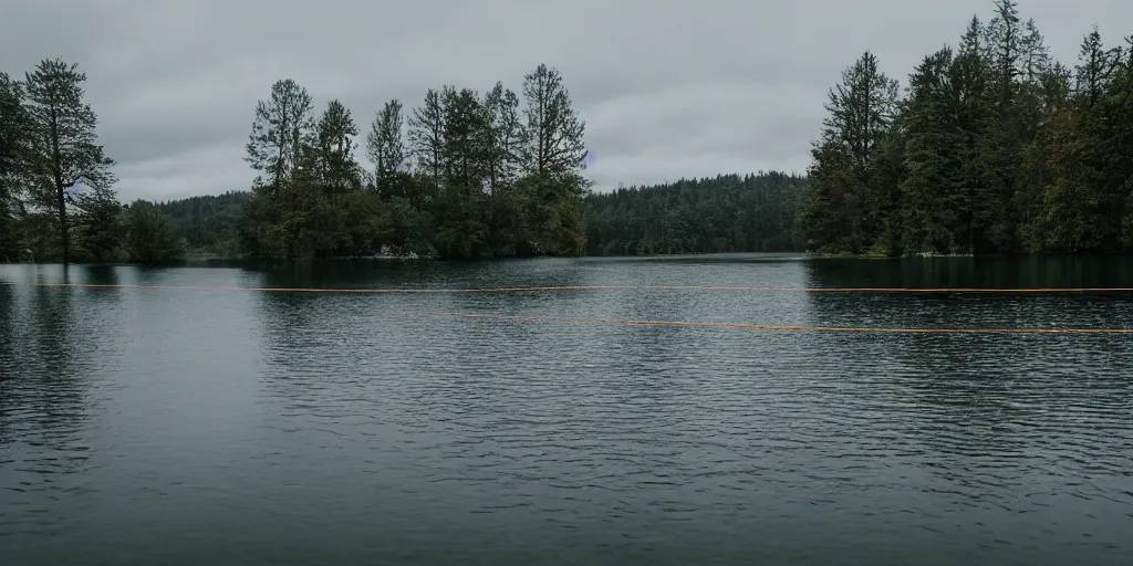 Prompt: a infinitely long rope zig - zagging across the surface of the water into the distance, rope floating submerged rope stretching out towards the center of the lake, a dark lake on a cloudy day, atmospheric, color film, trees in the background, hyper - detailed photo, anamorphic lens